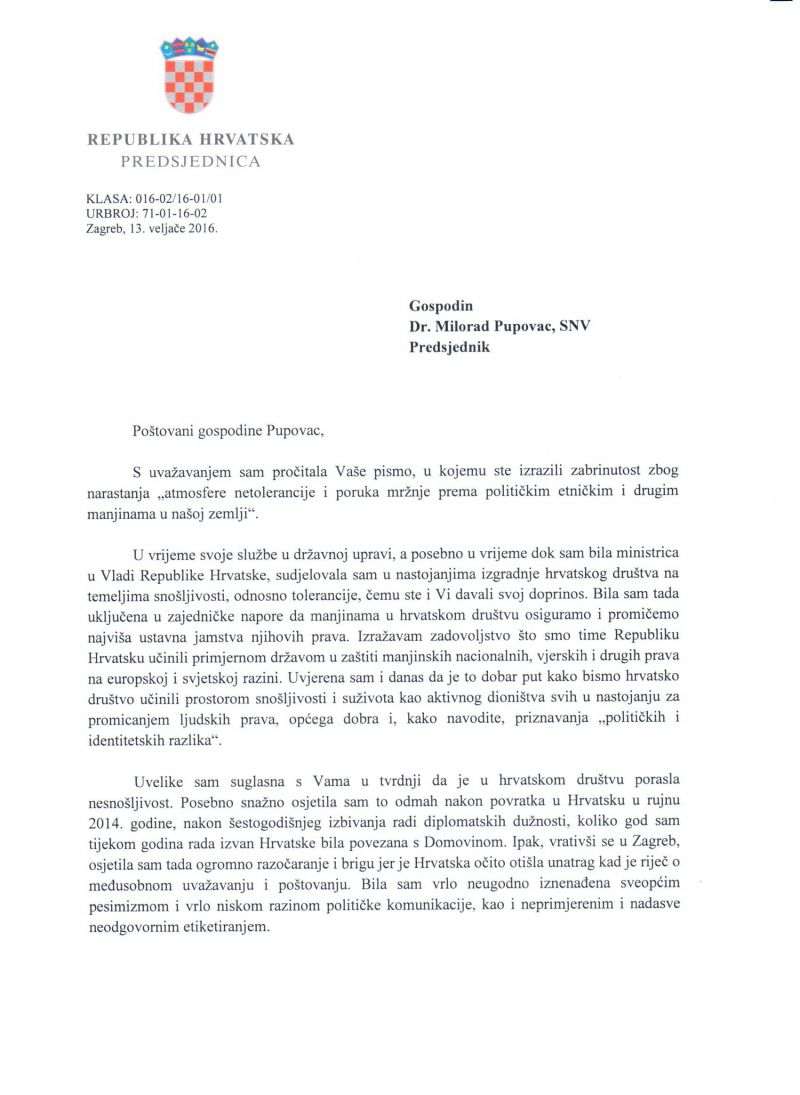PREDSJEDNICA UPUTILA PISMO PUPOVCU: Pozorno pratim njegove javne istupe u kojima na zlonamjeran način kritiza Hrvatsku PREDSJEDNICA UPUTILA PISMO PUPOVCU: Pozorno pratim njegove javne istupe u kojima na zlonamjeran način kritiza Hrvatsku