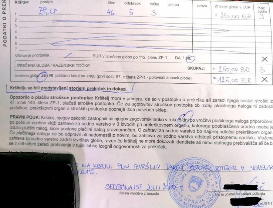 1. Kazna  od 260 eura u SL