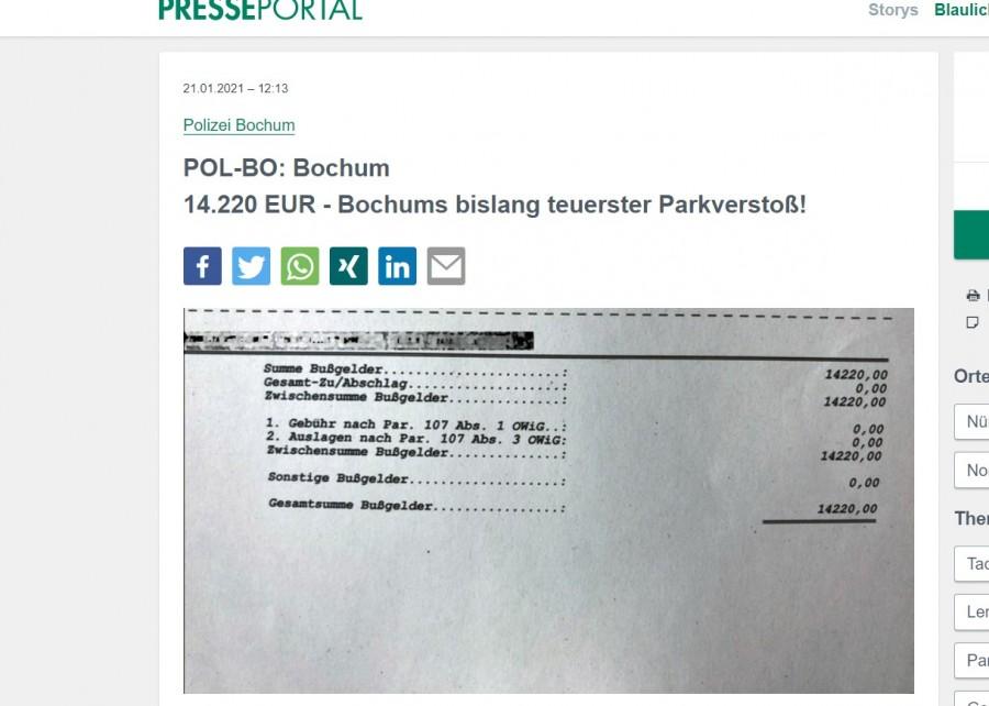 Policija je objavila fotografiju kazne koju je vozač dobio / Foto: Preslik:  Policija Bochum 