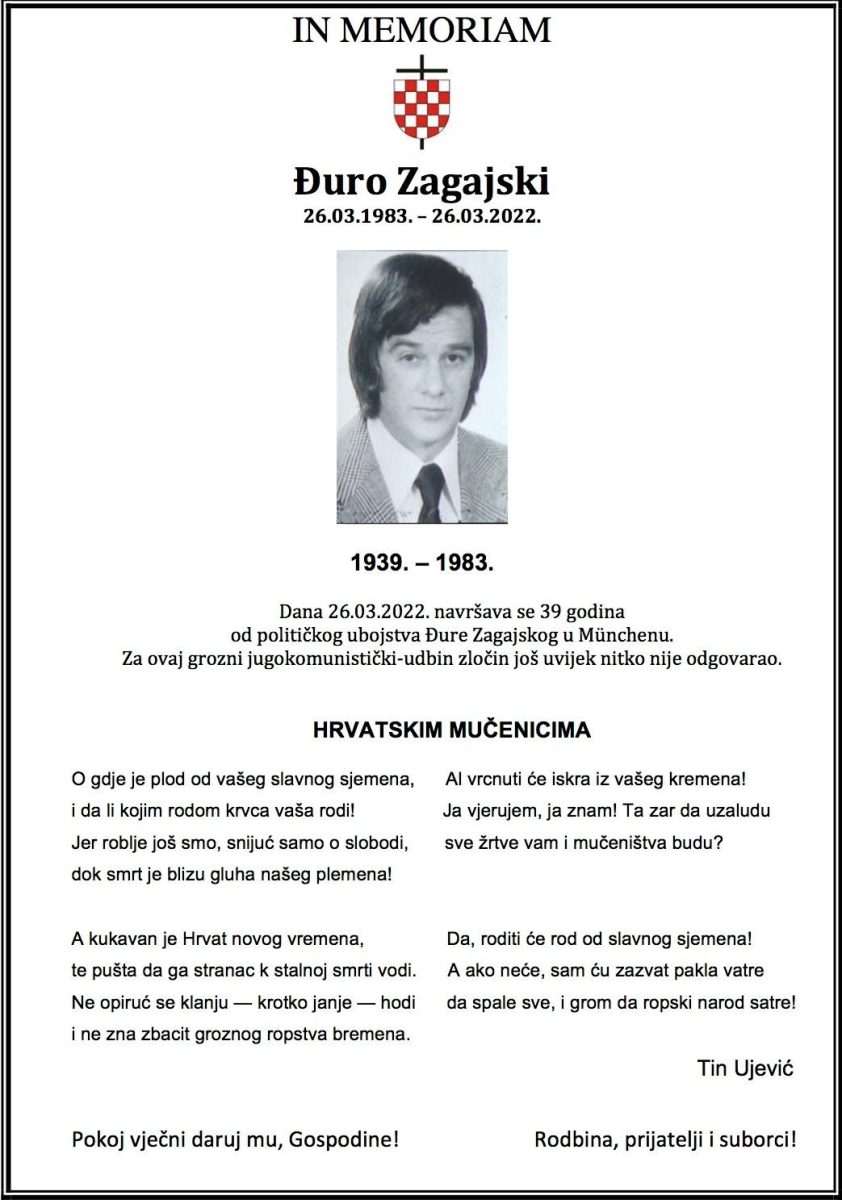 IN MEMORIAM ĐURO ZAGAJSKI: Ni nakon 39 godina za Udbin zločin koji je zgrozio Njemačku do danas nitko nije odgovarao