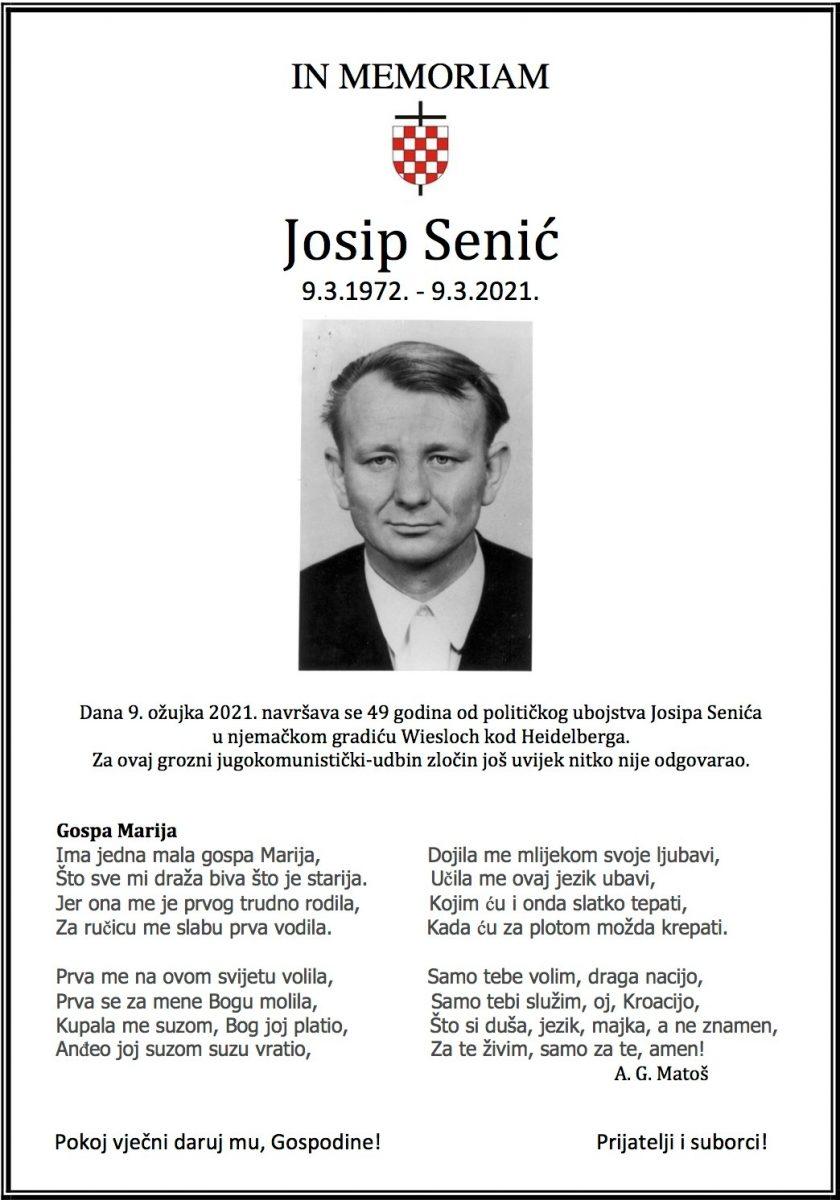GODIŠNJICA UBOJSTVA JOSIPA SENIĆA: Ni 49 godina od jugokomunističkog udbina zločina nad Josipom Senićem nitko nije odgovarao