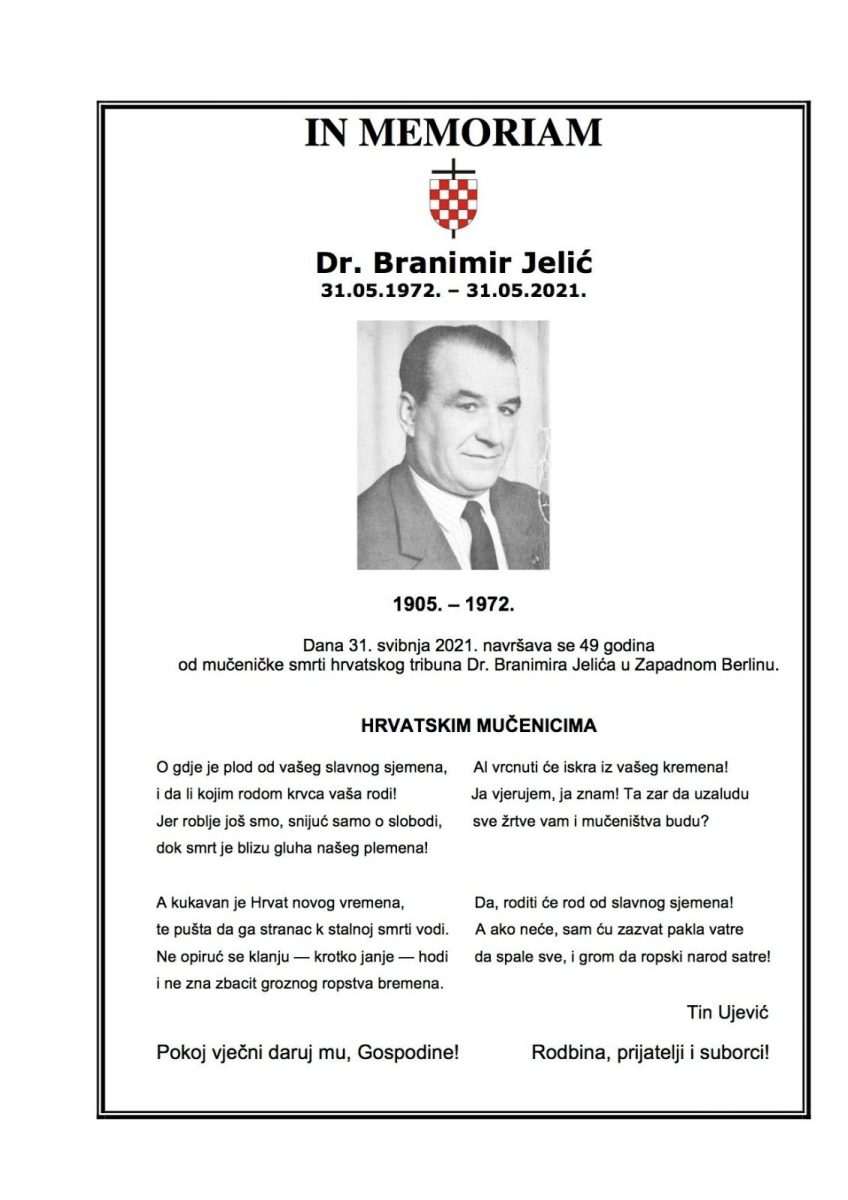 IN MEMORIAM: Navršilo se punih 49. godina od Udbina ubojstva dr. Branimir Jelić
