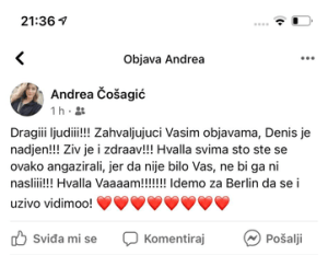 PRONAĐEN DENIS ČOŠAGIĆ IZ BERLINA: Njegova sestra Andrea Čošagić zahvaljuje za pronalazak brata