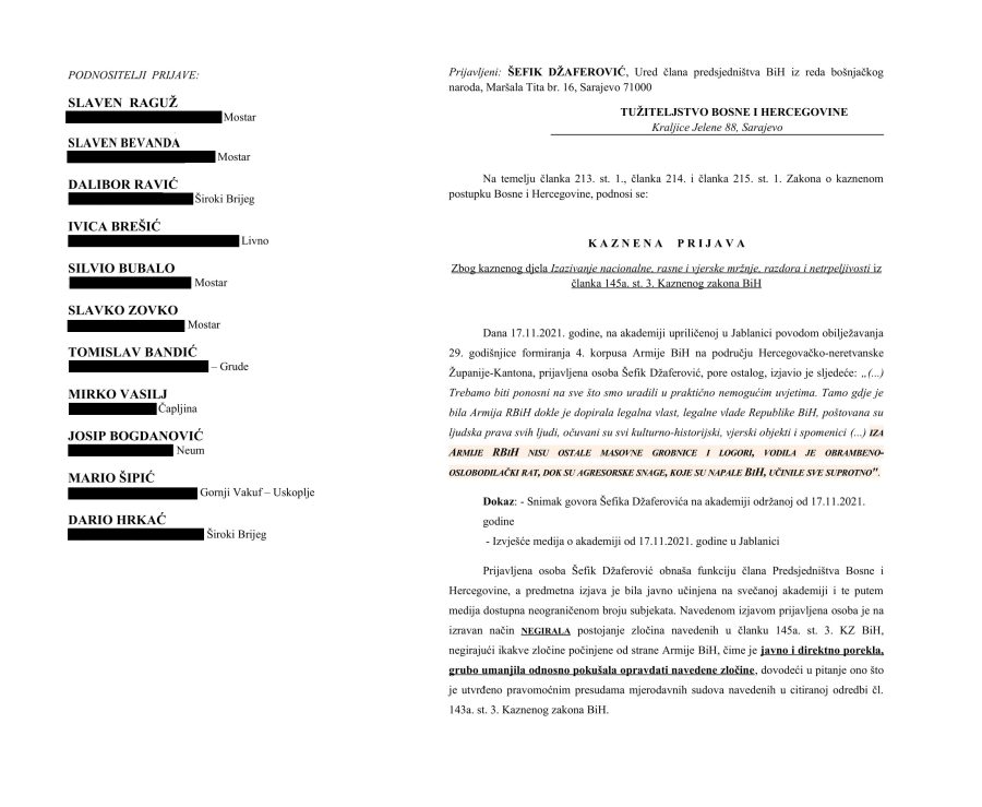 HRS podnio kaznenu prijavu protiv Šefika Džaferovića zbog izazivanje mržnje i netrpeljivosti HRS podnio kaznenu prijavu protiv Šefika Džaferovića zbog izazivanje mržnje i netrpeljivosti