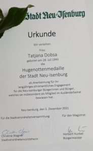 VRIJEDNO PRIZNANJE TATJANI DOBSA: Grad Neu-Isenburg uručio "Hugenottenmedaille" za dugogodišnji humanitarni rad VRIJEDNO PRIZNANJE TATJANI DOBSA: Grad Neu-Isenburg uručio "Hugenottenmedaille" za dugogodišnji humanitarni rad