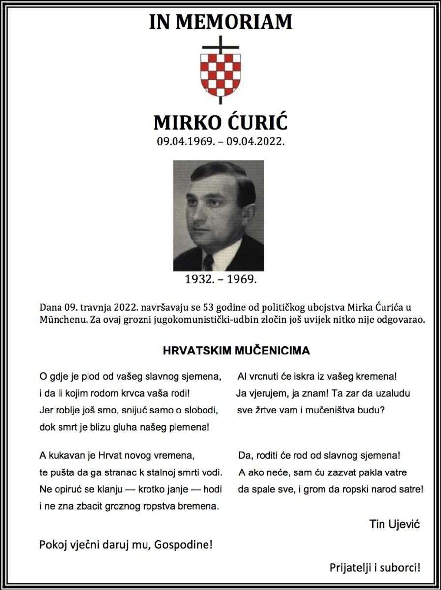 IN MEMORIAM: Prije 53 godine u Münchenu ubijen Mirko Ćurić – za to Udbino ubojstvo još nitko nije odgovarao