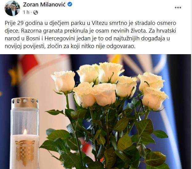 MILANOVIĆ ODAO POČAST POGINULOJ DJECI VITEZA: Razorna granata prekinula je osam nevinih života zoran milanovic fb