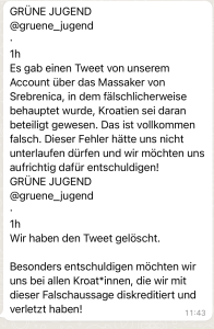 NAKON NIZA OŠTRIH REAKCIJA: Grüne Jugend uklonile objavu kojom su teško optužile Hrvatsku za Srebrenicu, unatoč tome hrvatske udruge iz Stuttgarta najavile tužbu protiv odgovornih iz Mladeži Zelenih
