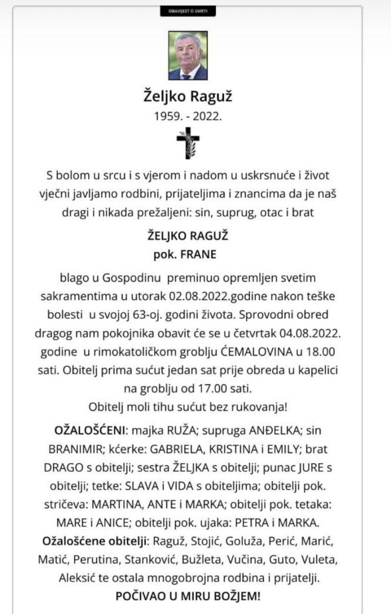 TUŽNA VIJEST: U Stocu preminuo Željko Raguž, bivši saborski zastupnik i dugogodišnji ravnatelj Hrvatskoga dokumentacijskoga centra Domovinskog rata u BiH
