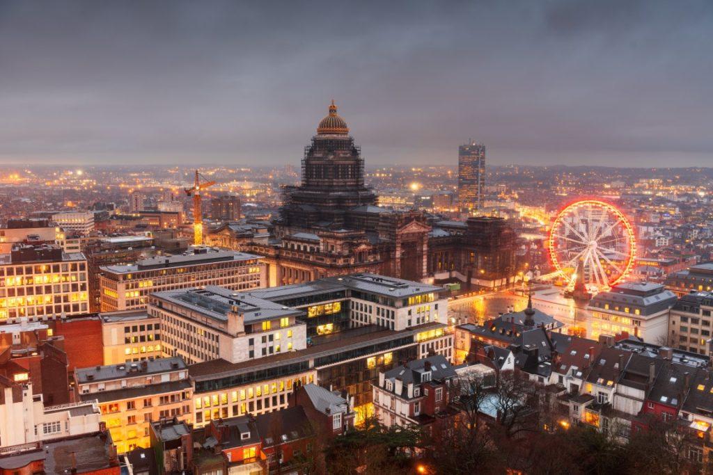 Brussels, Belgium cityscape at Palais de Justice during dusk.