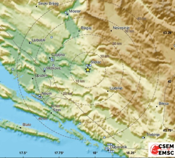 ZATRESLO KOD STOCA: Potres jačina 3,7 stupnjeva po Richteru osjetio se u Mostaru i Dubrovniku