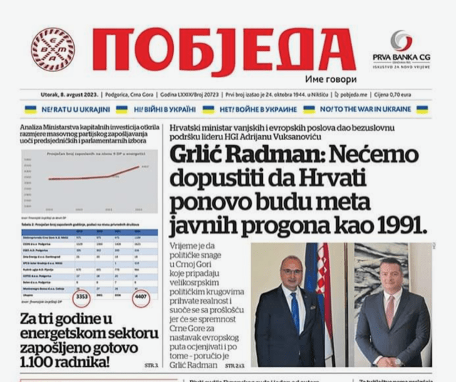 HRVATSKI MINISTAR ZA "POBJEDU": Nećemo dopustiti da Hrvati Crne Gore ponovno budu meta javnih progona kao 1991. godine
