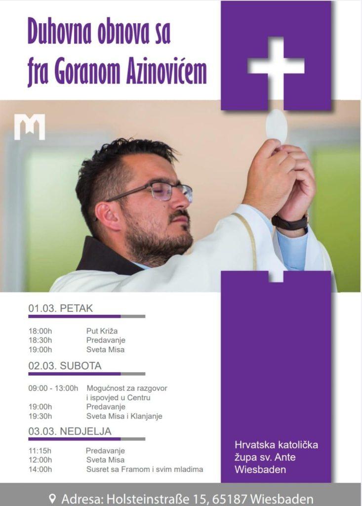 DUHOVNA OBNOVA U HKŽ WIESBADEN: Pozivaju se mladi ljudi iz Wiesbadena i okolice na susret s fra Goranom Azinovićem