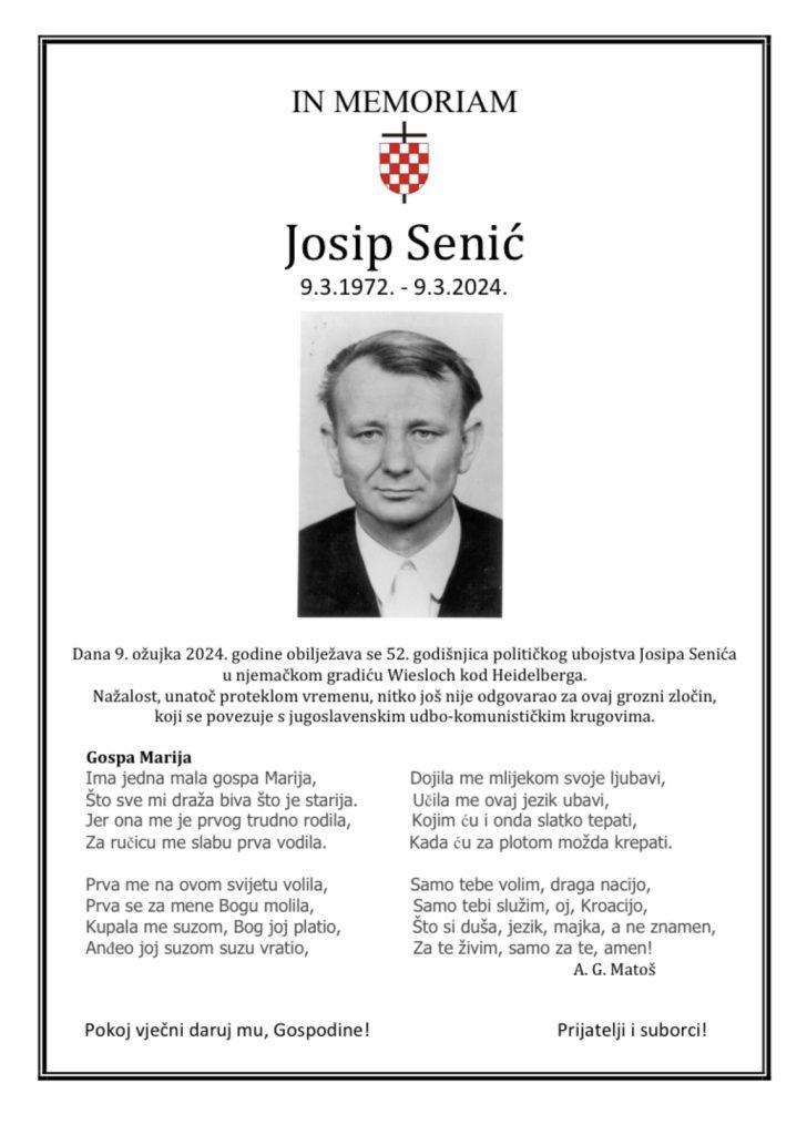 52. GODIŠNJICA UBOJSTVA JOSIPA SENIĆA: Ni za ovaj grozni jugokomunistički-udbaški zločin još uvijek nitko nije odgovarao