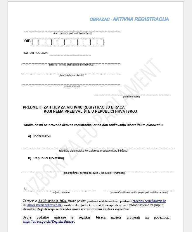 Obrazac za aktivnu registraciju