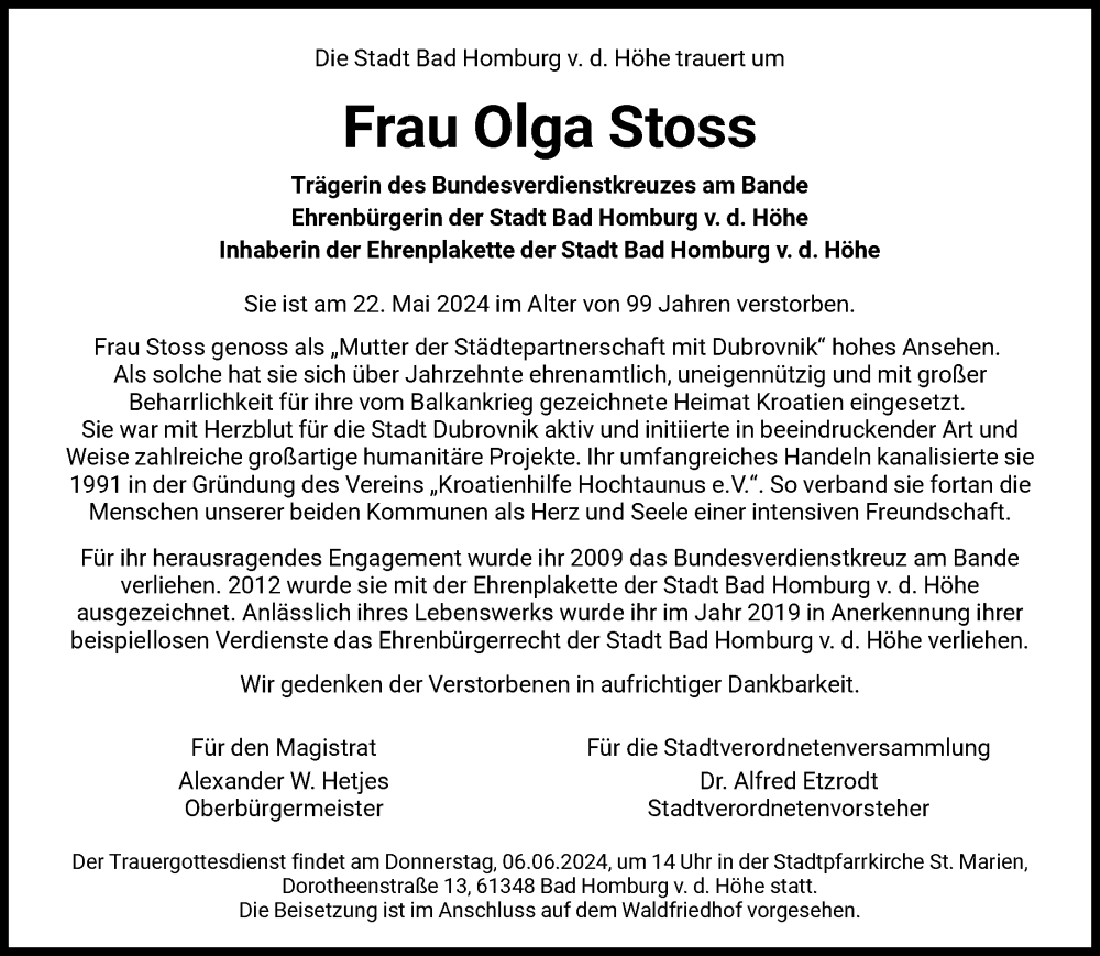 BAD HOMBURG SE BIRANIM RIJEČIMA OPROSTIO OD OLGE STOSS: Misa zadušnica je 6. lipnja u 14 sati u Stadtpfarrkirche St. Marien, pogreb je na gradskom groblju Waldfriedhof u Bad Homburgu