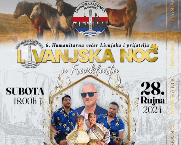 FRANKFURT NA MAJNI: Večeras u Heusenstamu 6. humanitarna „Livanjska noć“ - pjeva Klapa Samoana Plakat Livanjske noći 2024. / Foto: LZF