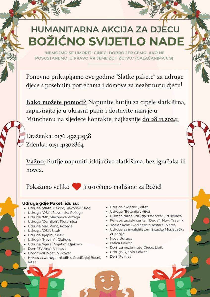 HUMANITARNA AKCIJA ZA DJECU BOŽIĆNO SVJETLO NADE: Prikupljanje "Slatkih paketa" u Münchenu za djecu u Hrvatskoj i BiH