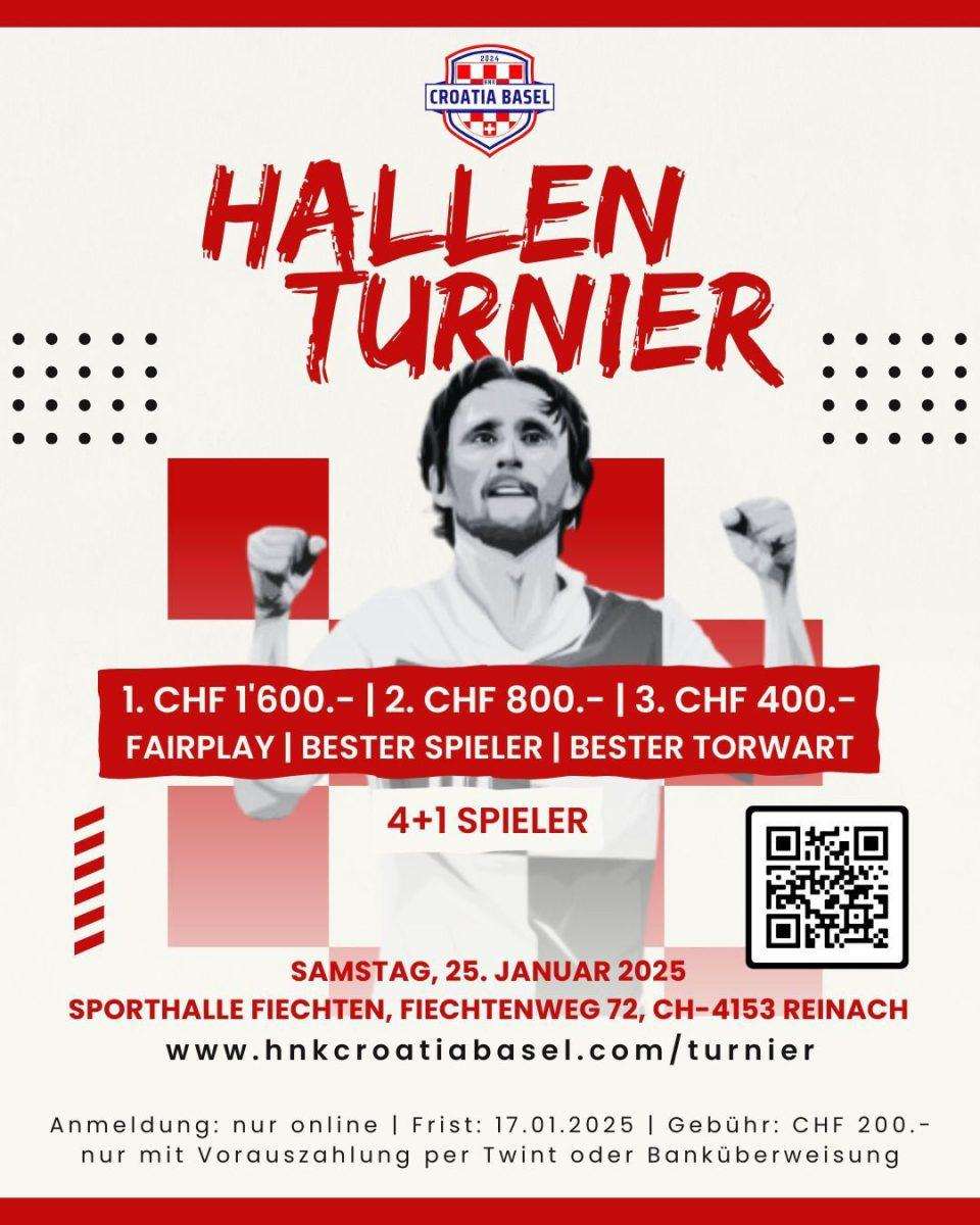 BASEL: Prvi dvoranski turnir HNK Croatije Basel igra se 25. siječnja 2025. godine Plakat turnira