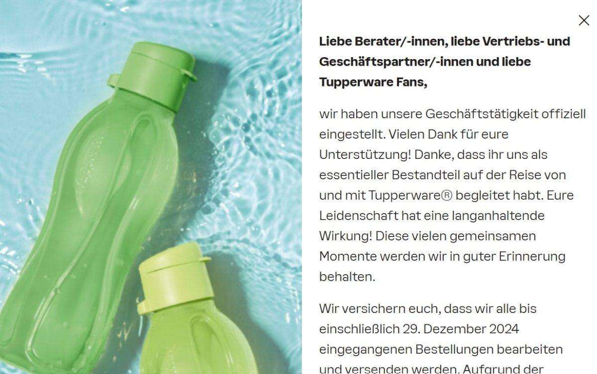 Obavijest na službenim Tupperware stranicama/ Foto: Tupperware/Preslik