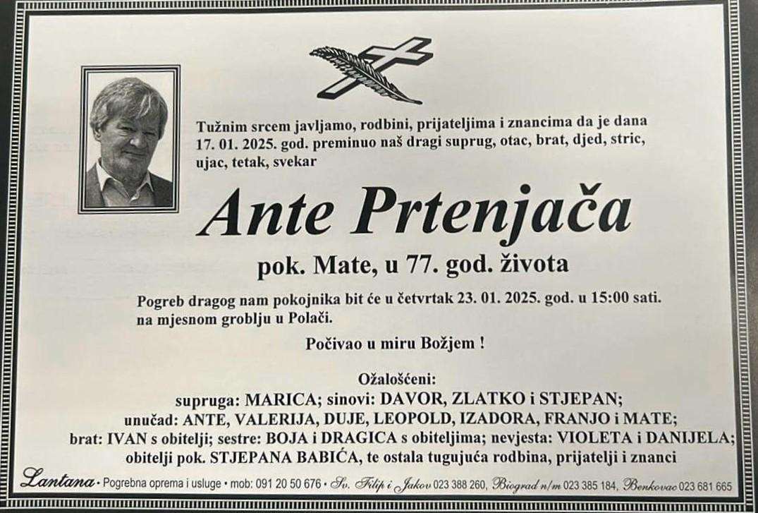HRVATI SINDELFINGENA OSTALI BEZ SVOG UGLEDNOG ČLANA: U 77. godini života preminuo Ante Prtenjača rodom iz Polače kod Benkovca HRVATI SINDELFINGENA OSTALI BEZ SVOG UGLEDNOG ČLANA: U 77. godini života preminuo Ante Prtenjača rodom iz Polače kod Benkovca