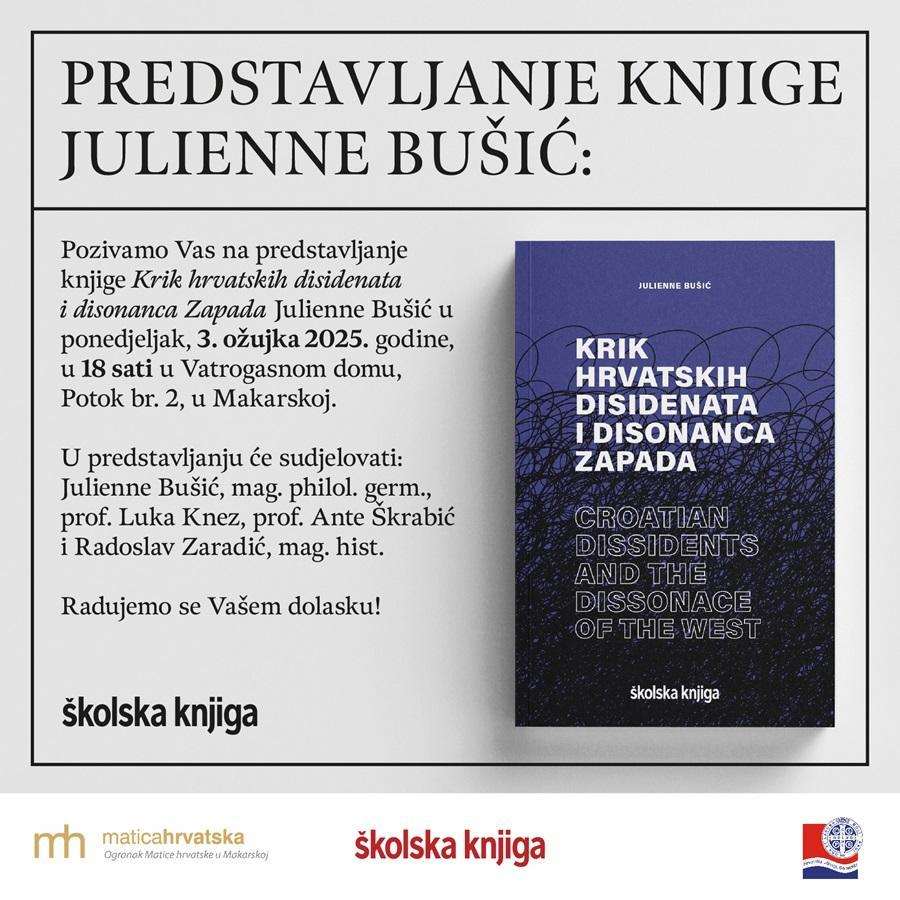 DVOJEZIČNA KNJIGA: Predstavljanje knjige “Krik hrvatskih disidenata i disonanca Zapada” autorice Julienne Bušić u Splitu i Makarskoj Predstavljanje knjige “Krik hrvatskih disidenata i disonanca Zapada” / Foto: Hrvatska udruga Benedikt