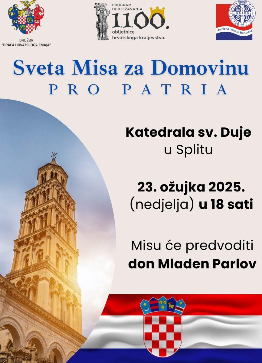 U POVODU 1100. OBLJETNICE HRVATSKOGA KRALJEVSTVA: Treća sveta misa za Domovinu održat će se u splitskoj Prvostolnici