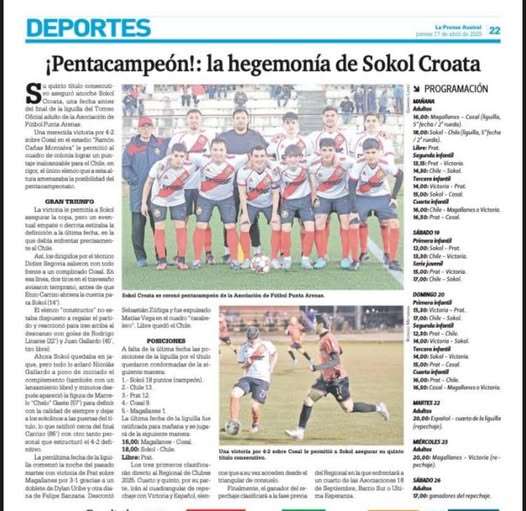 Lokalni list o uspjehu nogometaša Hrvatskog nogometnog kluba Sokol iz čileanskog grada Punta Arenasa / Foto: Club Deportivo Sokol Croata