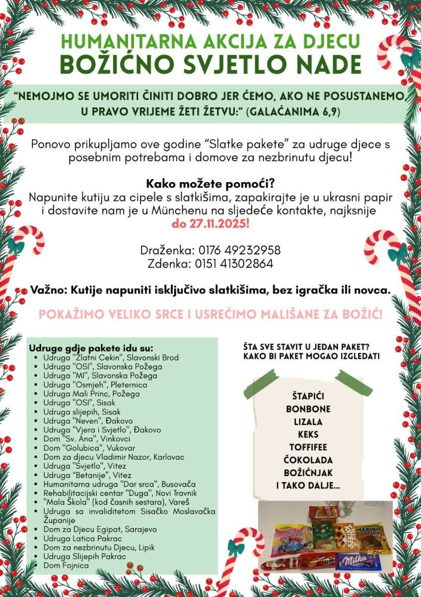 HUMANITARNA AKCIJA „BOŽIĆNO SVJETLO NADE“: München i ove godine prikuplja slatke pakete za djecu u Hrvatskoj i BiH!
