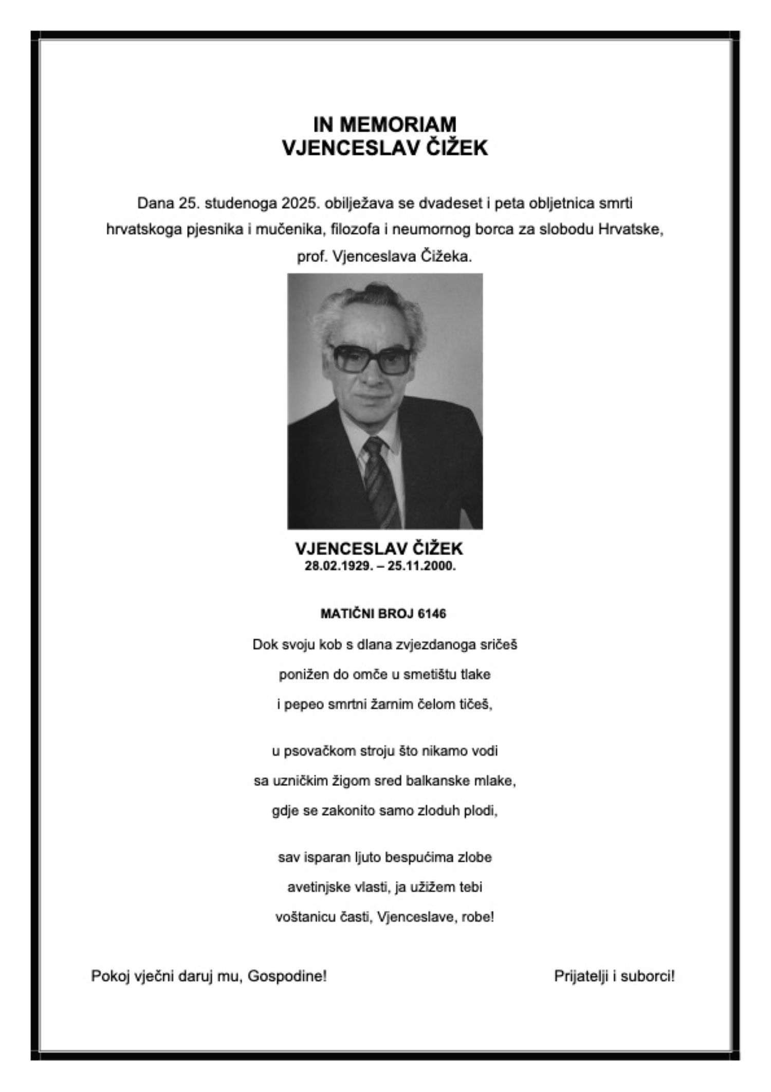 IN MEMORIAM: 25 godina od smrti prof. Vjenceslava Čižeka