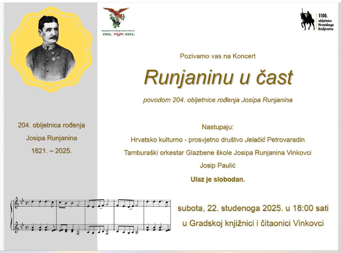 "RUNJANINU U ČAST": Hrvatski sokol Vinkovci poziva na koncert u čast 204. obljetnice rođenja skladatelja hrvatske himne