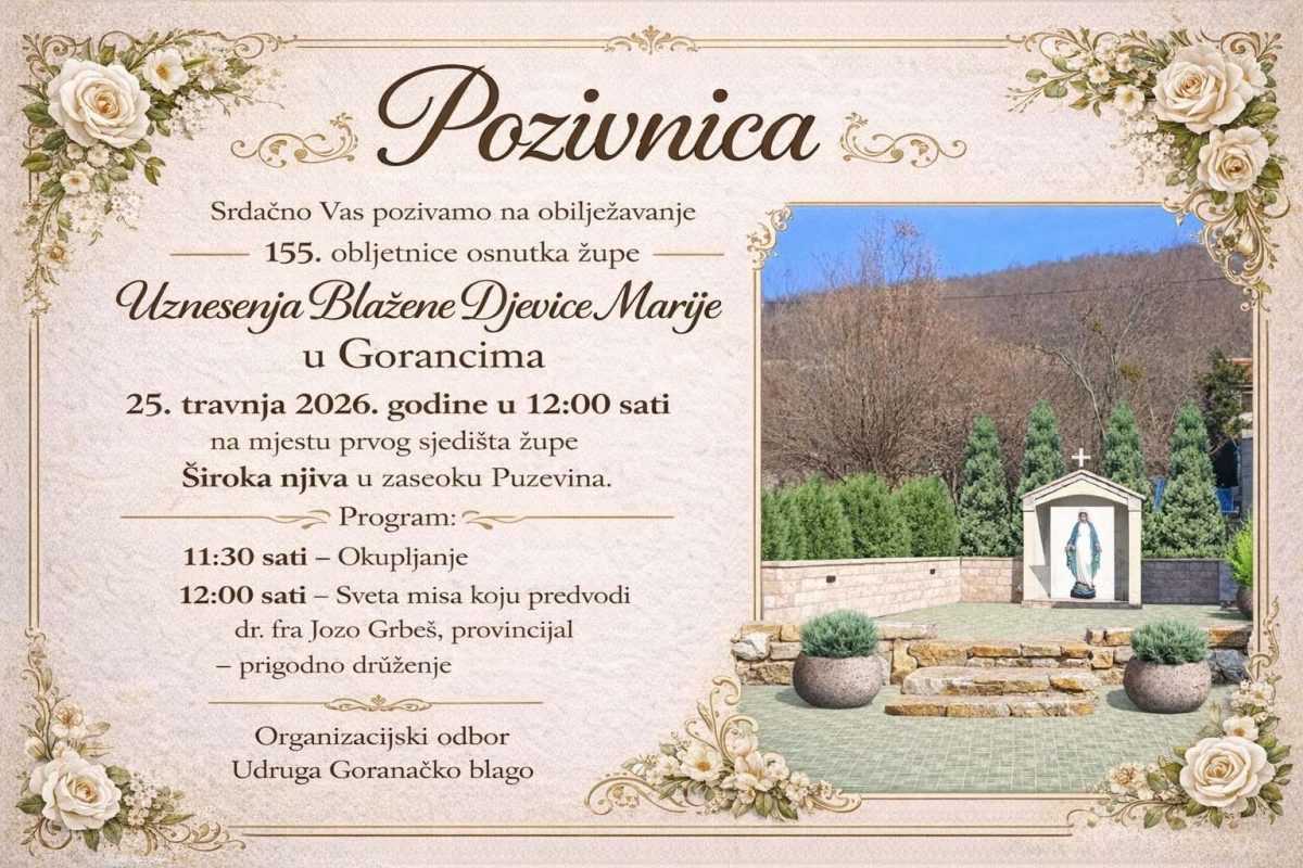 SVEČANOST U GORANCIMA: U subotu proslava 155. obljetnice osnutka župe Uznesenja Blažene Djevice Marije
