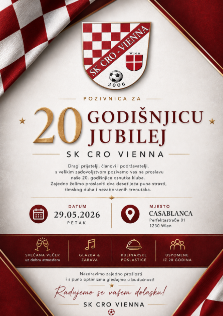 SK CRO VIENNA SLAVI 20. ROĐENDAN: U Beč stižu legende hrvatskog nogometa, Maja Šuput i brojni čestitari