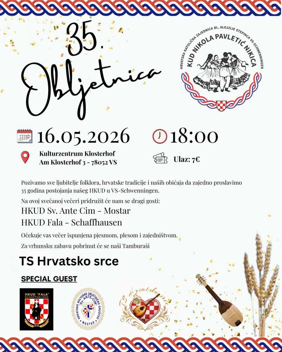 ZNAČAJNA OBLJETNICA: HKUD „Alojzije Stepinac” iz VS-Schwenningena poziva na svečanu proslavu 35.obljtenice