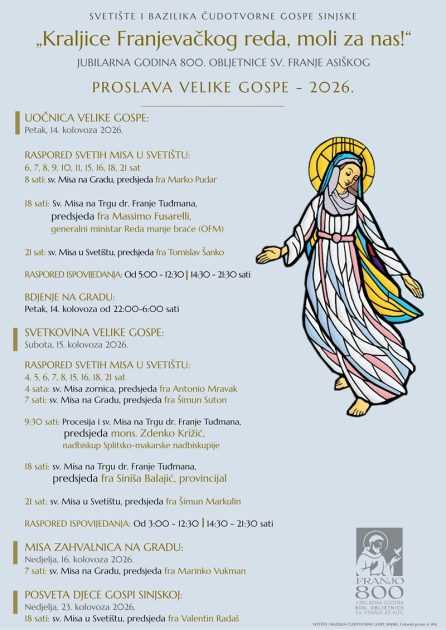 SREDIŠNJA PROSLAVA VELIKE GOSPE U SINJU 2026.: Objavljen detaljan liturgijski program SREDIŠNJA PROSLAVA VELIKE GOSPE U SINJU 2026.: Objavljen detaljan liturgijski program