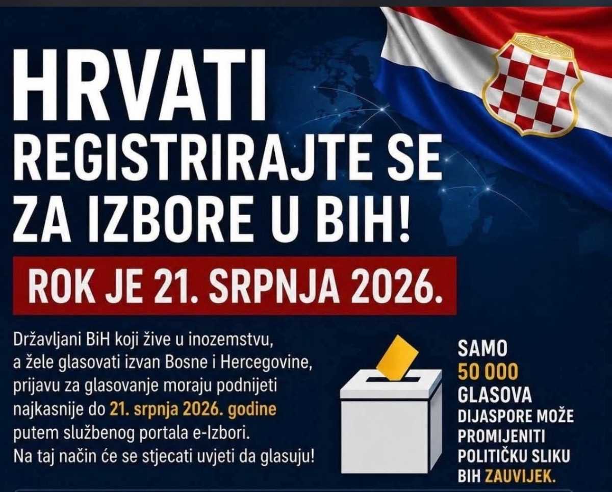 POZIV HRVATIMA IZ BIH KOJI ŽIVE U NJEMAČKOJ: Registrirajte se za e-izbore najkasnije do 21. srpnja 2026. godine Poziv za registraciju za izbore