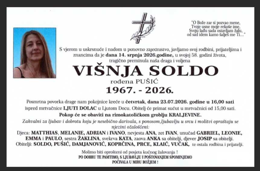 POSLJEDNJI ISPRAĆAJ: Ubijena Hrvatica iz Kelkheima bit će pokopana u četvrtak 23. srpnja u Ljutom Docu (BiH) Osmrtnica Višnje Soldo / Foto: Preslik